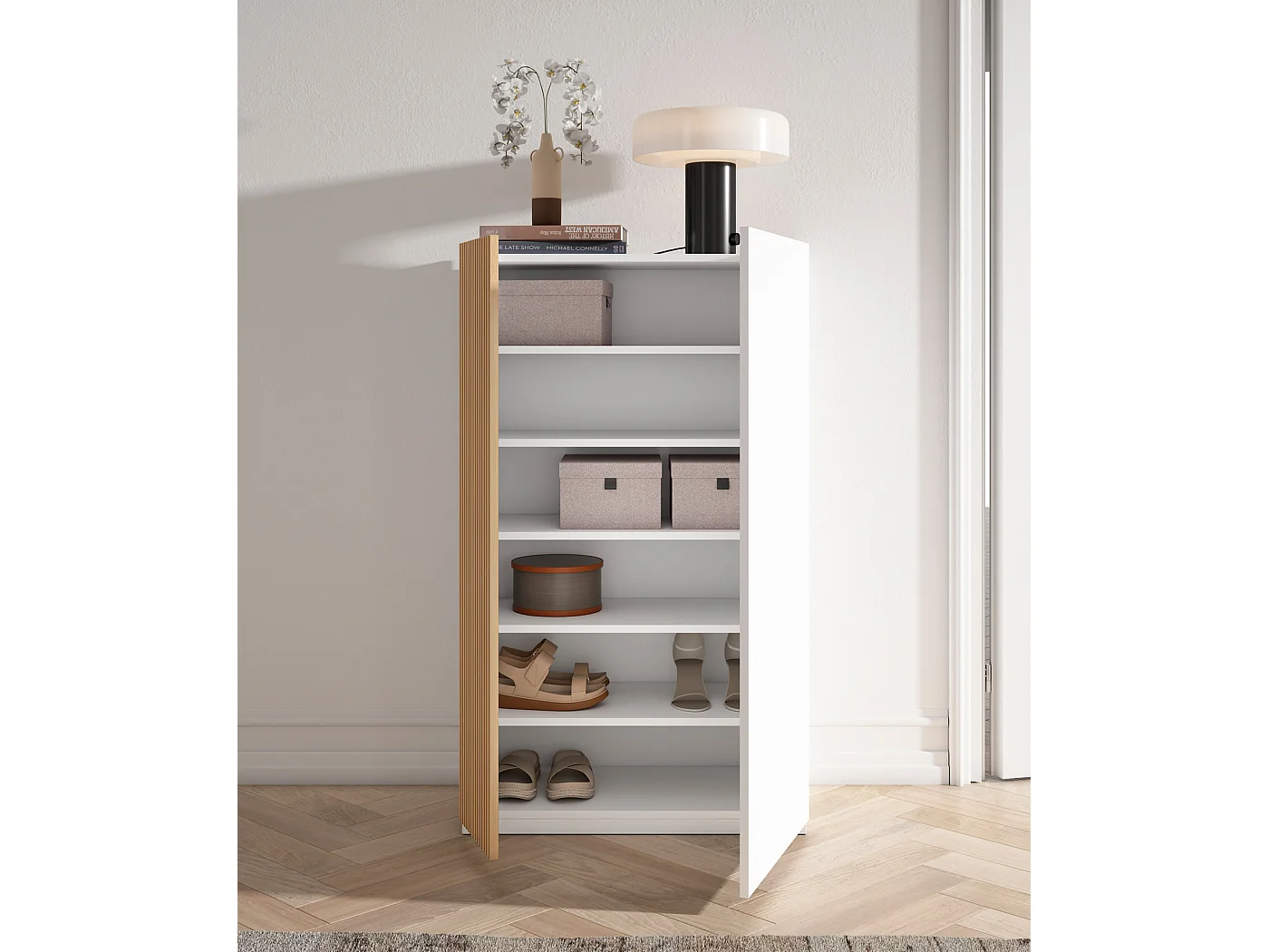 Meuble chaussures/rangement - H122cm x L70cm x P35cm blanc porte impression lattes - Akra