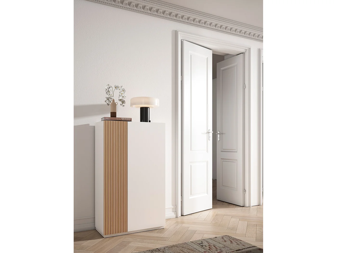 Meuble chaussures/rangement - H122cm x L70cm x P35cm blanc porte impression lattes - Akra