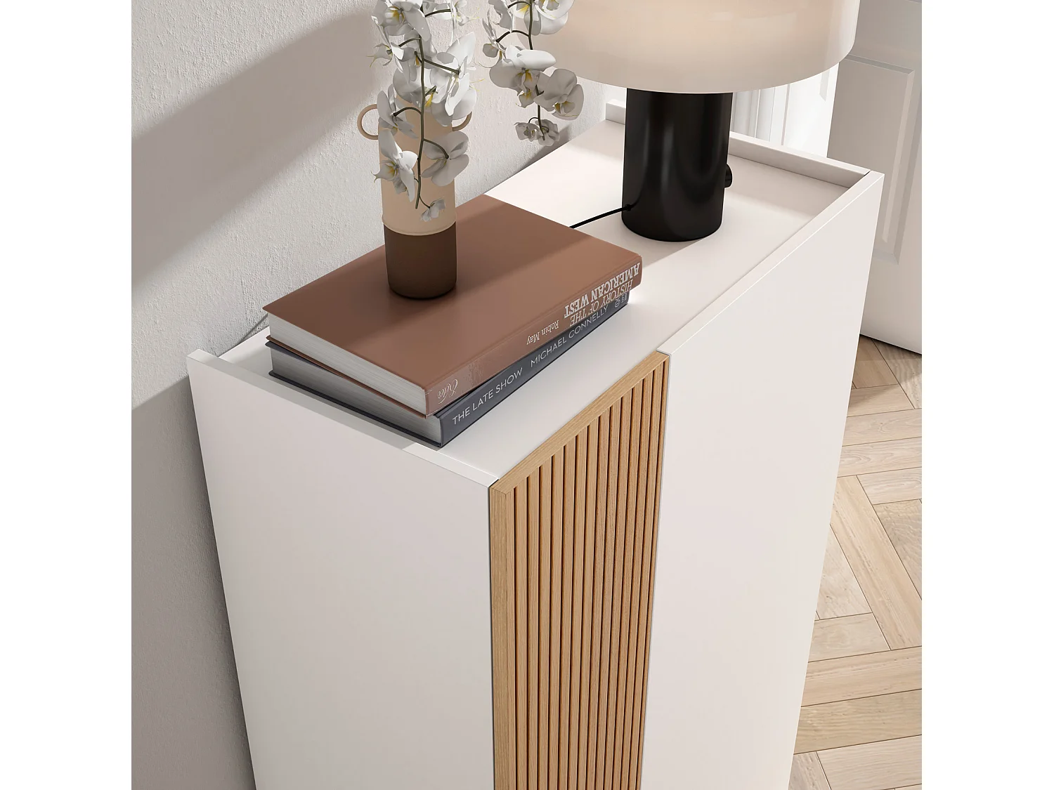 Meuble chaussures/rangement - H122cm x L70cm x P35cm blanc porte impression lattes - Akra