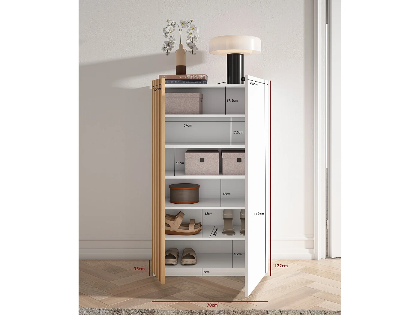 Meuble chaussures/rangement - H122cm x L70cm x P35cm blanc porte impression lattes - Akra