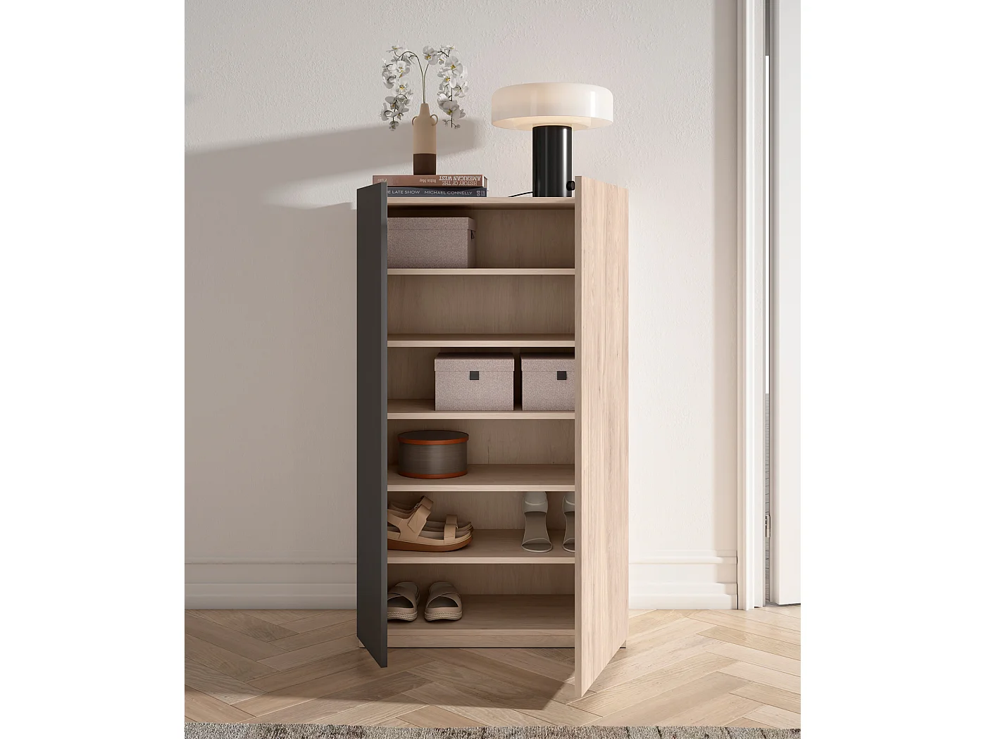 Zapatero - A122cm x L70cm x P35cm roble claro puerta grafito - Akra