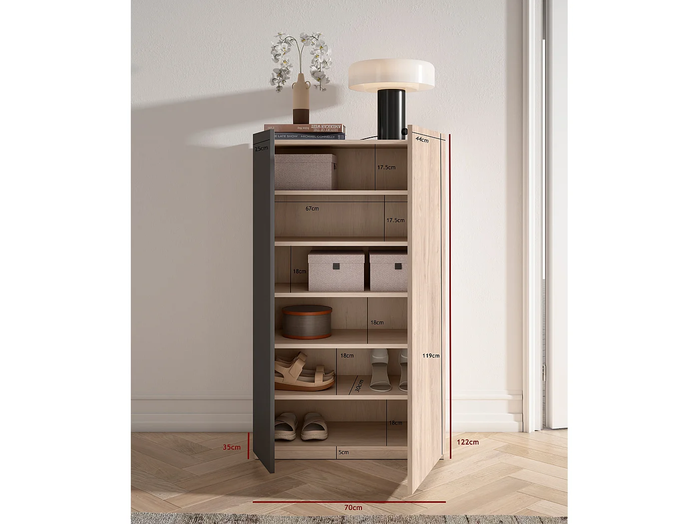 Zapatero - A122cm x L70cm x P35cm roble claro puerta grafito - Akra