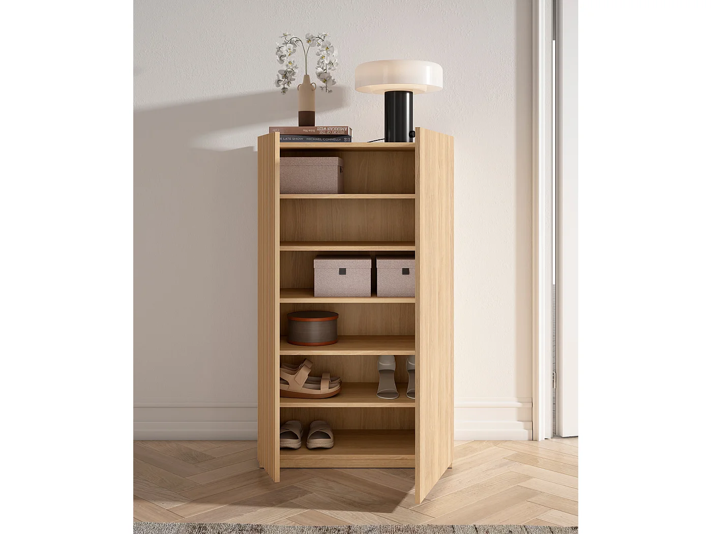 Zapatero - A122cm x L70cm x P35cm roble puerta serigrafía vallado - Akra