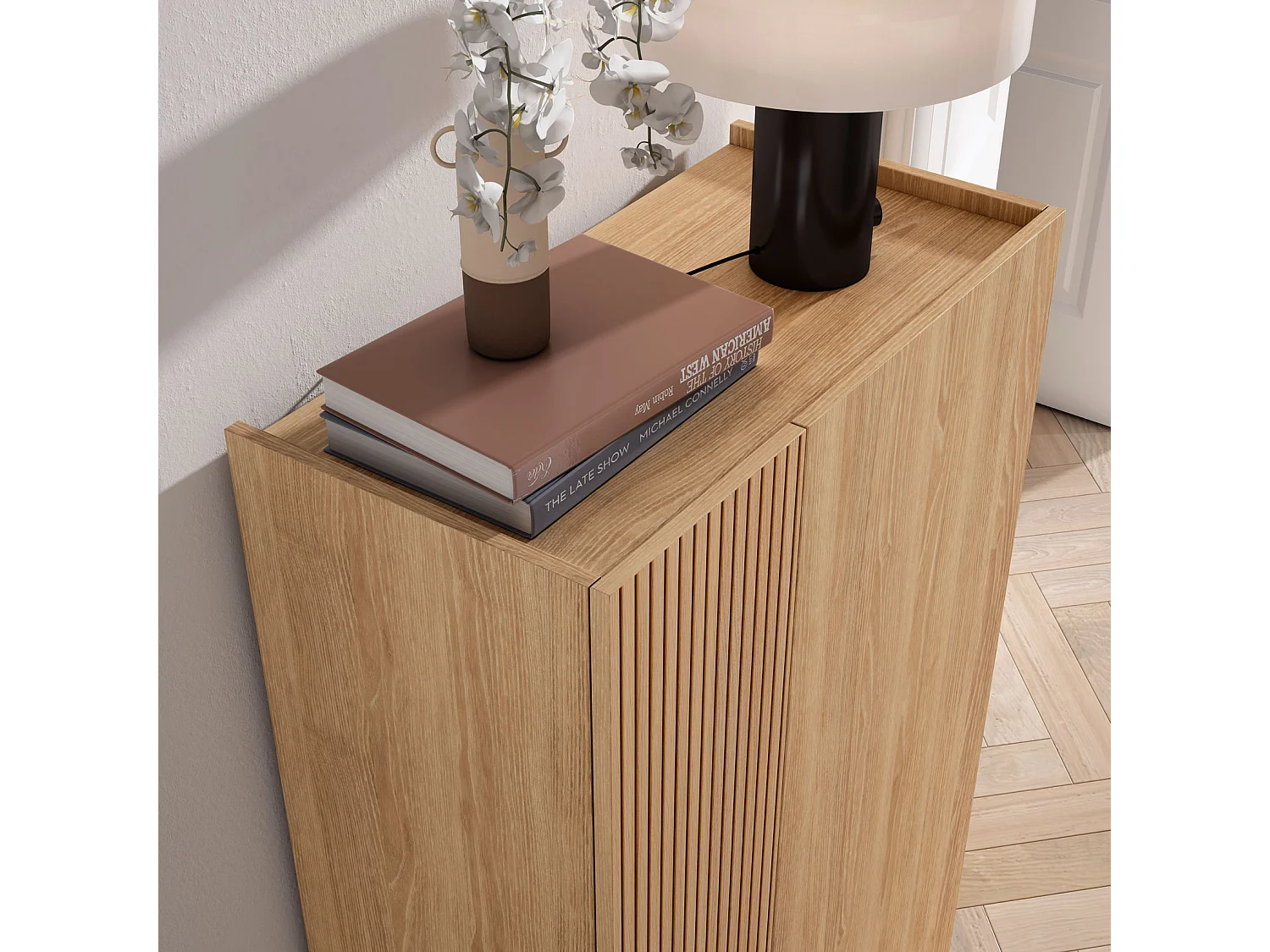 Zapatero - A122cm x L70cm x P35cm roble puerta serigrafía vallado - Akra