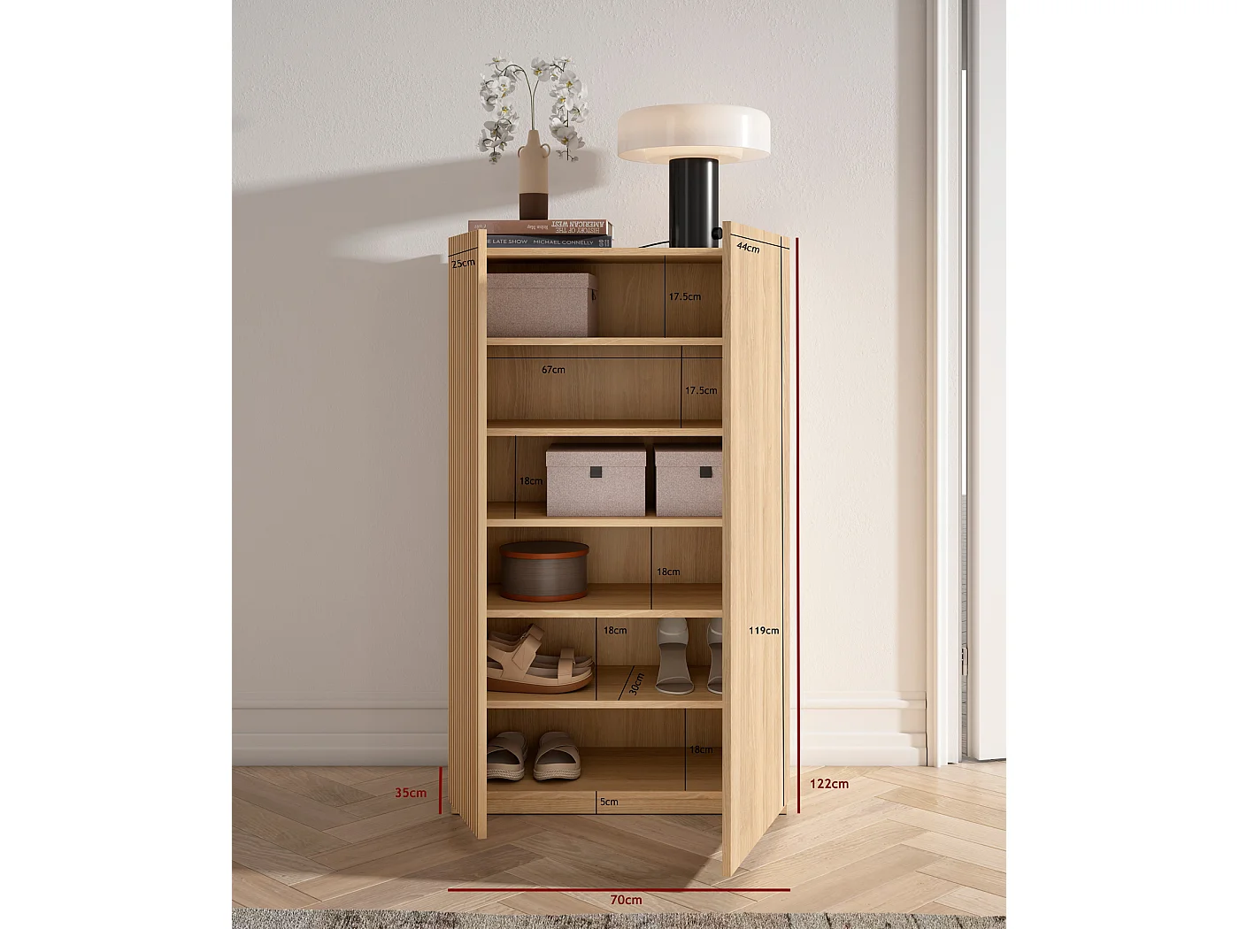 Zapatero - A122cm x L70cm x P35cm roble puerta serigrafía vallado - Akra