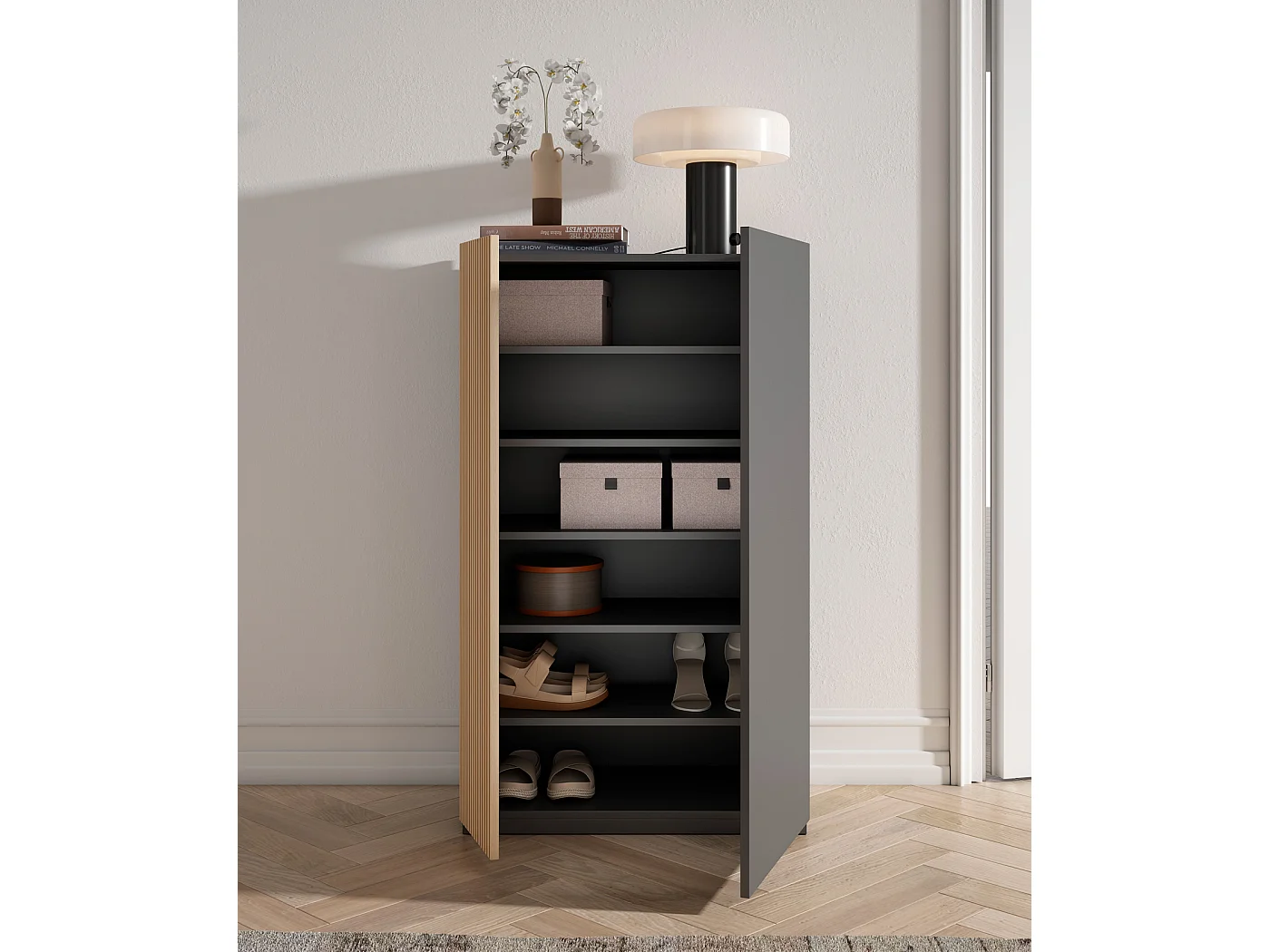 Sapateira - A122cm x L70cm x P35cm grafite porta serigrafada serrado - Akra