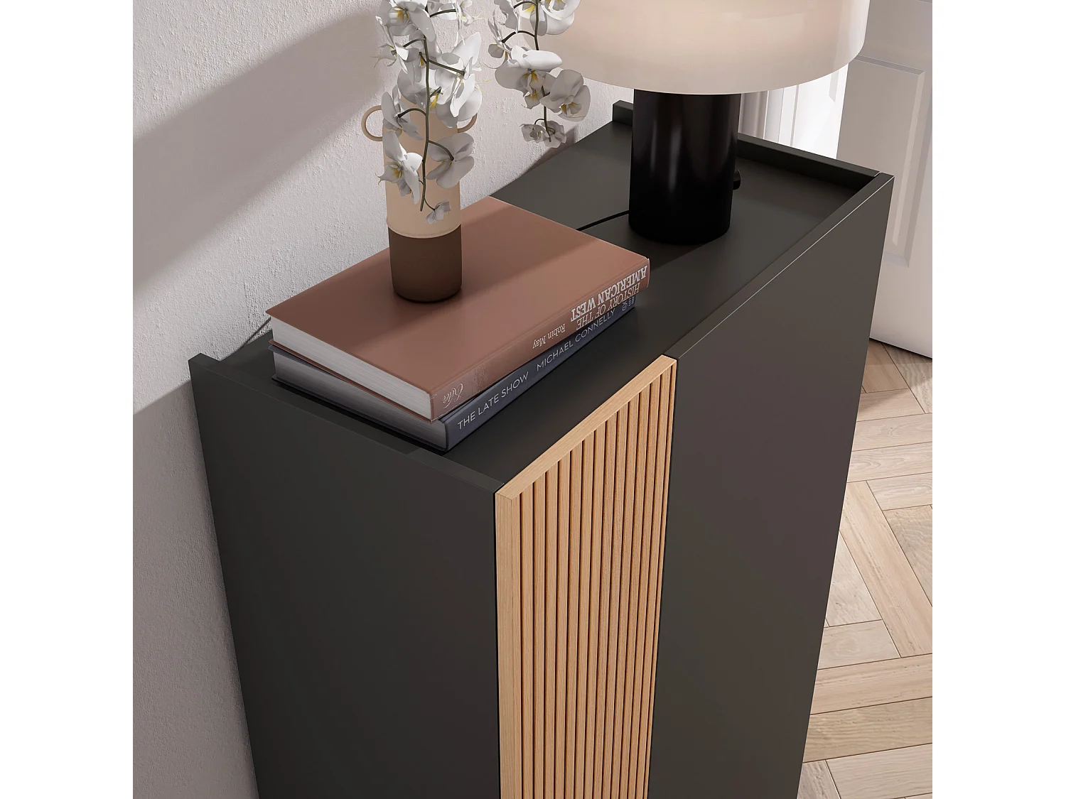 Meuble chaussures/rangement - H122cm x L70cm x P35cm graphite porte impress lattes - Akra