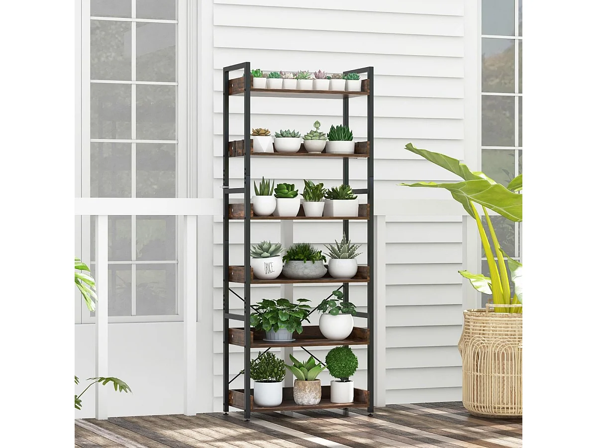 Bibliothèque Étagère Industrielle à 6 Niveaux, Étagère de Rangement avec 4 Crochets, Dispositif Anti-basculement, pour Salon, Bureau, Marron Rustique