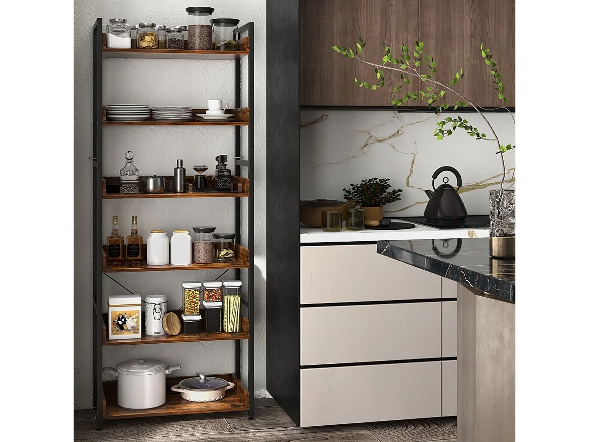 Bibliothèque Étagère Industrielle à 6 Niveaux, Étagère de Rangement avec 4 Crochets, Dispositif Anti-basculement, pour Salon, Bureau, Marron Rustique