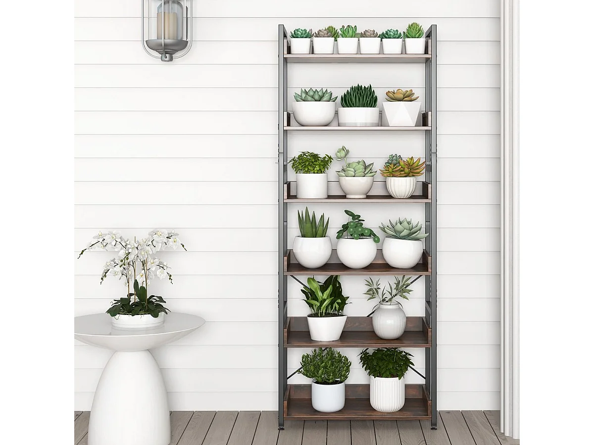 Bibliothèque Étagère Industrielle à 6 Niveaux, Étagère de Rangement avec 4 Crochets, Dispositif Anti-basculement, pour Salon, Bureau, Marron Rustique