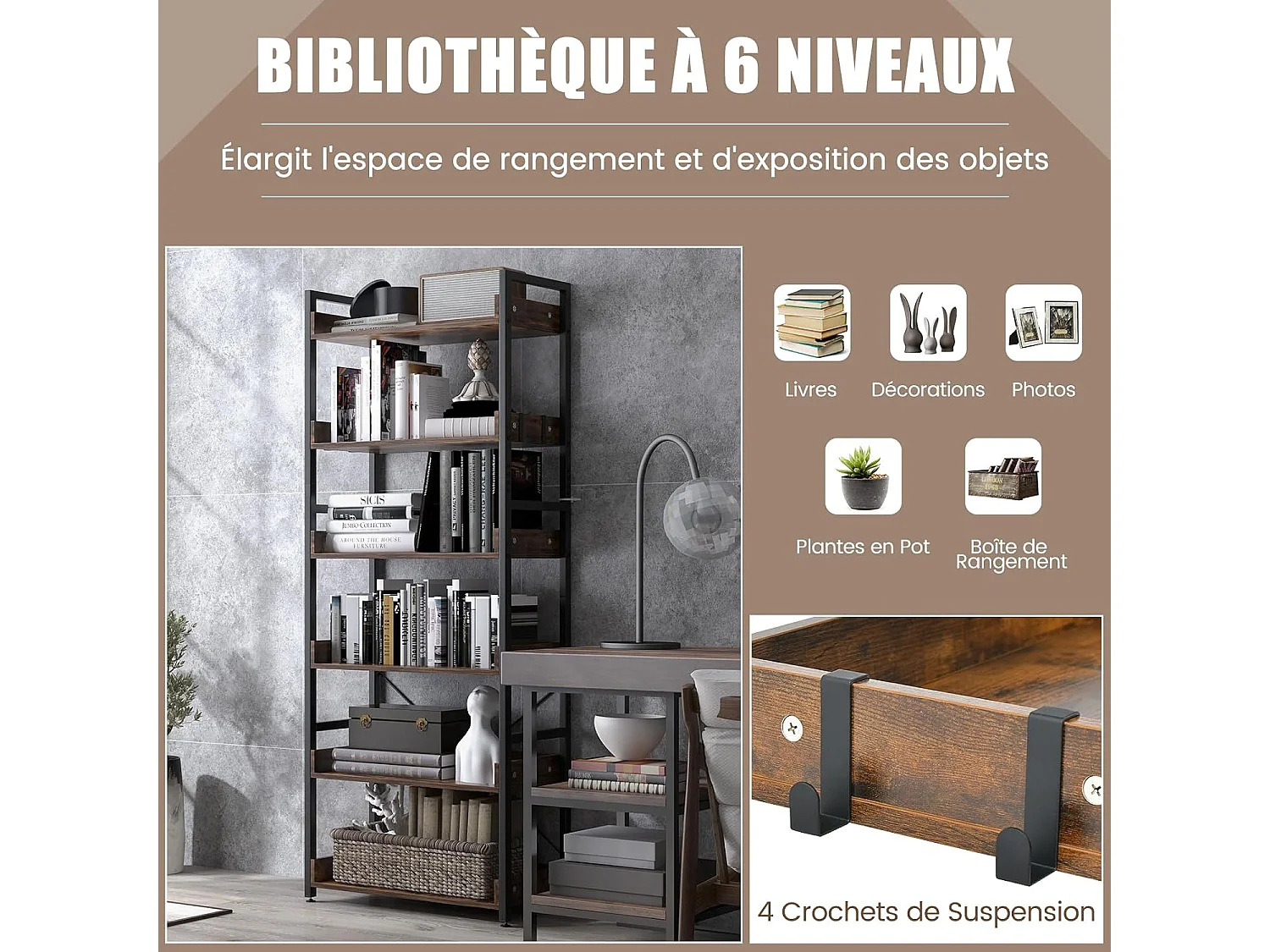 Industriële boekenplank met 6 niveaus, opbergplank met 4 haken, anti-tip-apparaat, voor woonkamer, kantoor, rustiek bruin