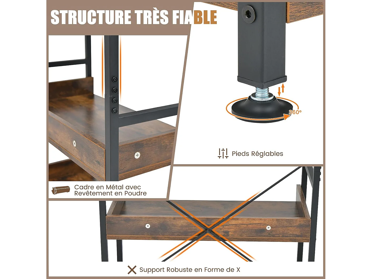 Industriële boekenplank met 6 niveaus, opbergplank met 4 haken, anti-tip-apparaat, voor woonkamer, kantoor, rustiek bruin