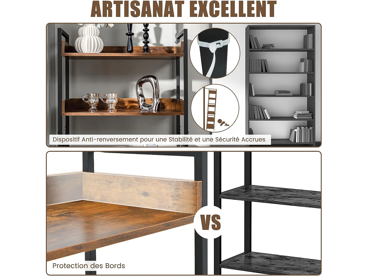 Industriële boekenplank met 6 niveaus, opbergplank met 4 haken, anti-tip-apparaat, voor woonkamer, kantoor, rustiek bruin