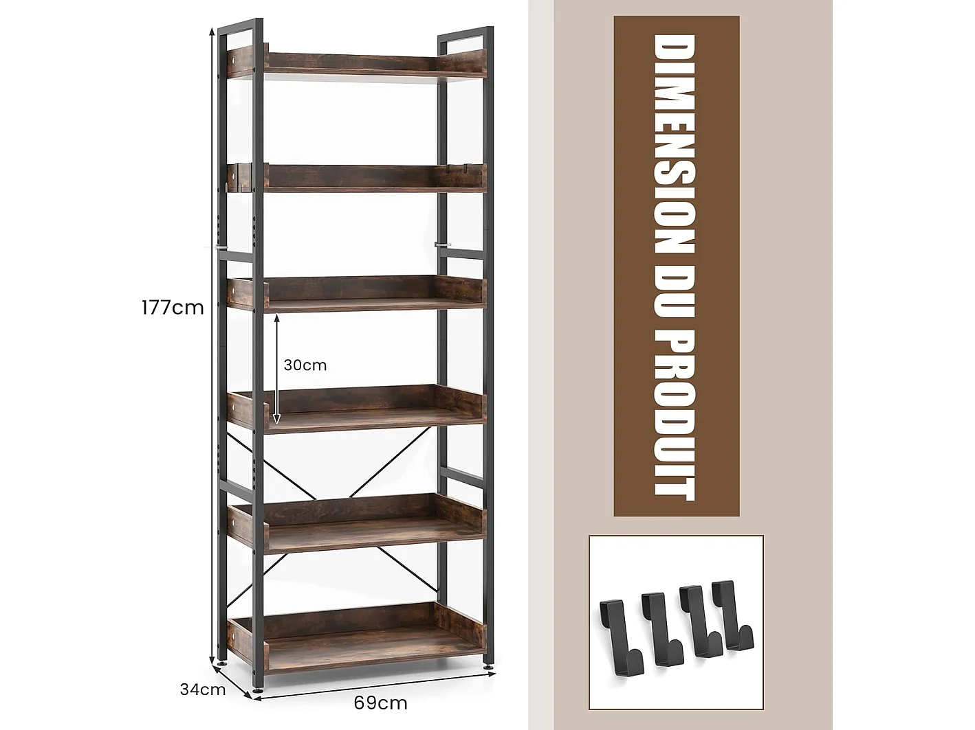 Industriële boekenplank met 6 niveaus, opbergplank met 4 haken, anti-tip-apparaat, voor woonkamer, kantoor, rustiek bruin