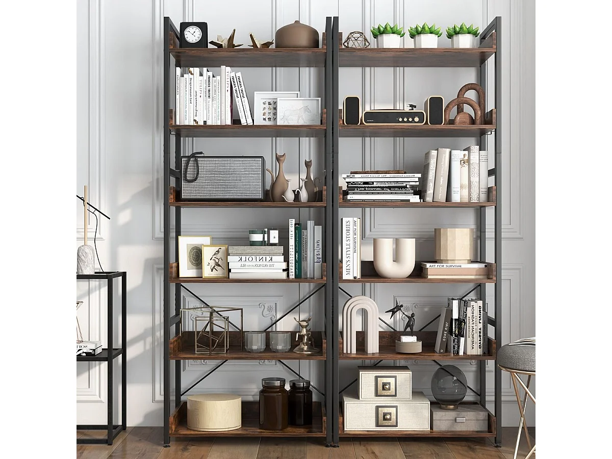 Industriële boekenplank met 6 niveaus, opbergplank met 4 haken, anti-tip-apparaat, voor woonkamer, kantoor, rustiek bruin