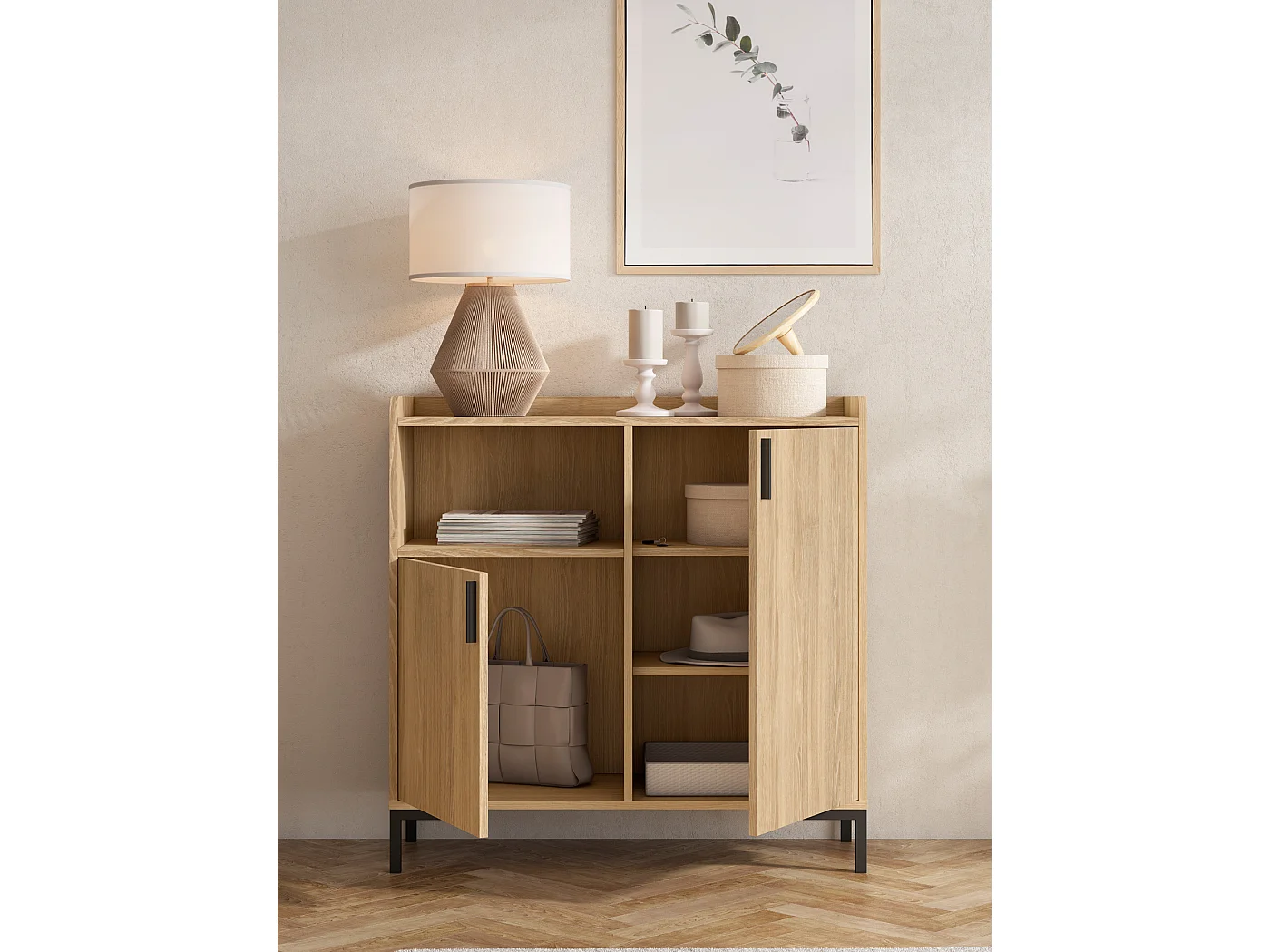 Buffet rangement - H88cm x L90cm x P33cm chêne doré - Dover