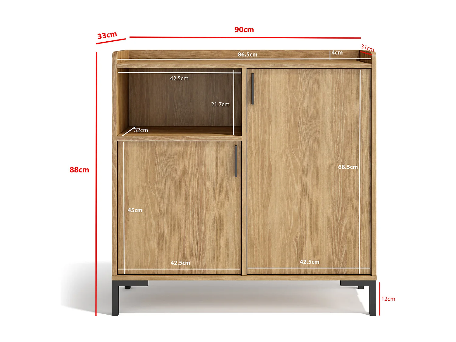 Buffet rangement - H88cm x L90cm x P33cm chêne doré - Dover