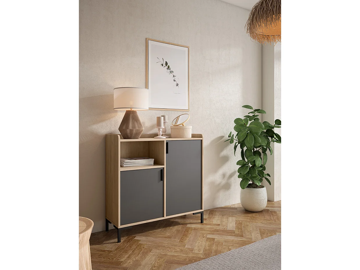 Aparador - A88cm x L90cm x P33cm roble claro puertas grafito - Dover