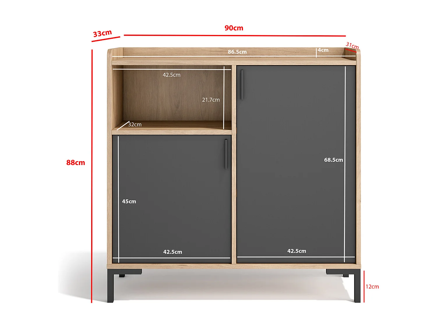 Aparador - A88cm x L90cm x P33cm roble claro puertas grafito - Dover
