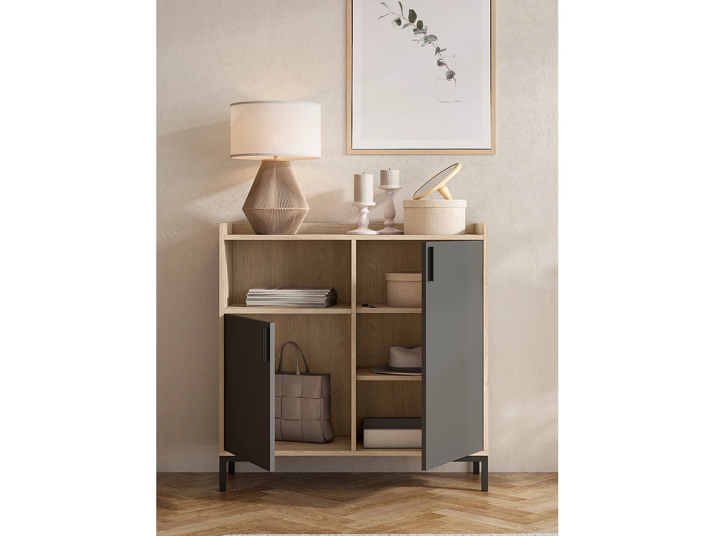 Aparador - A88cm x L90cm x P33cm roble claro puertas grafito - Dover