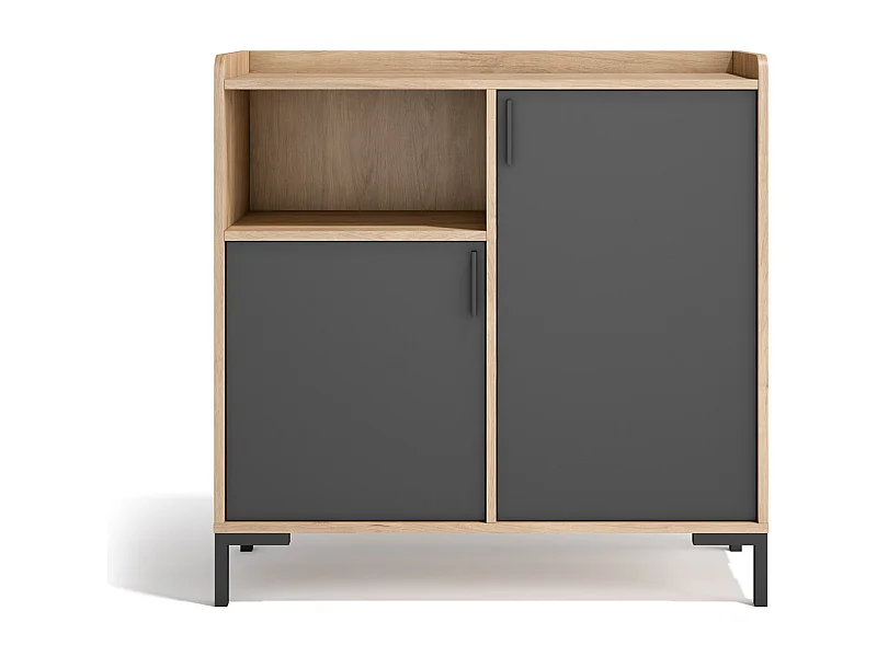 Buffet rangement - H88cm x L90cm x P33cm chêne clair portes graphite - Dover