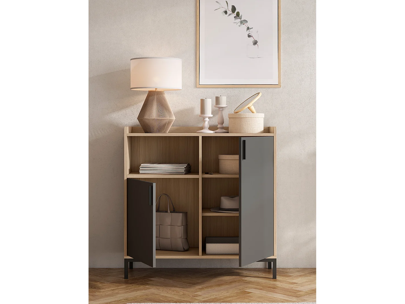 Aparador - A88cm x L90cm x P33cm nogueira clara portas grafite - Dover