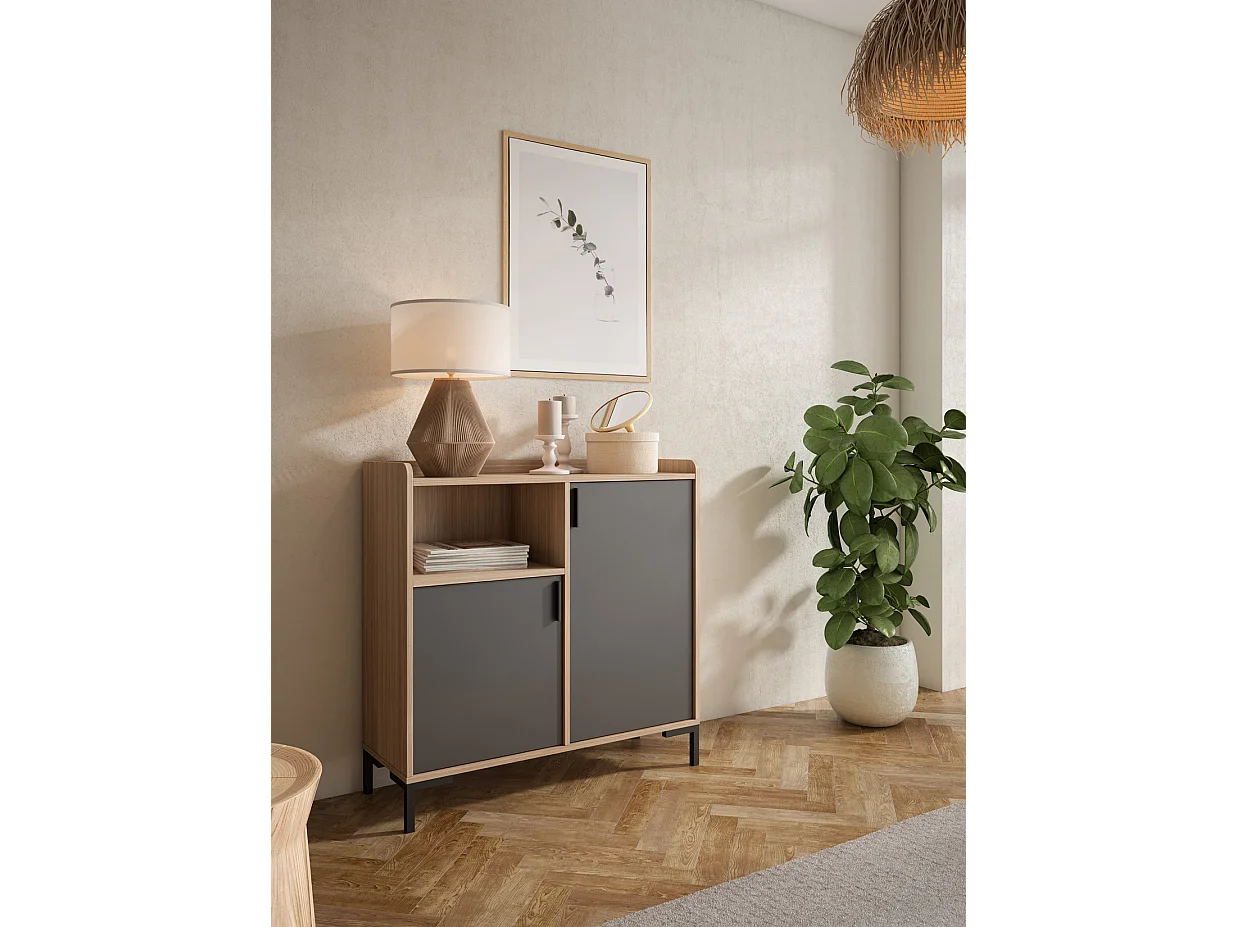 Aparador - A88cm x L90cm x P33cm nogueira clara portas grafite - Dover