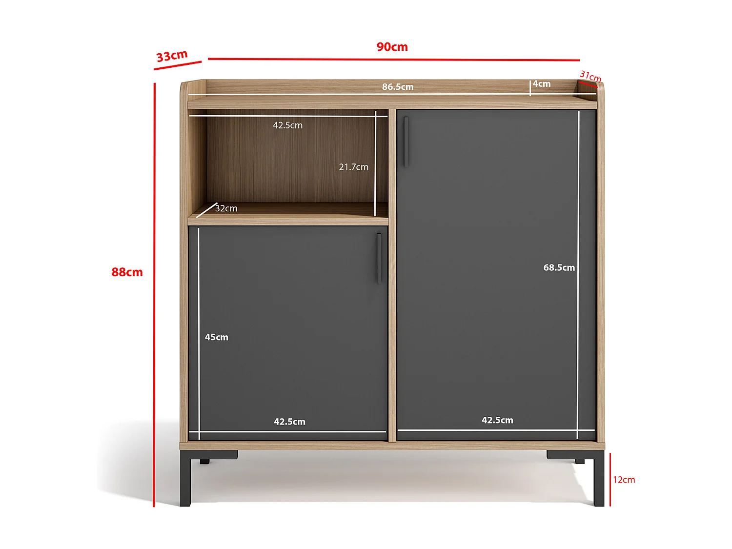 Aparador - A88cm x L90cm x P33cm nogueira clara portas grafite - Dover