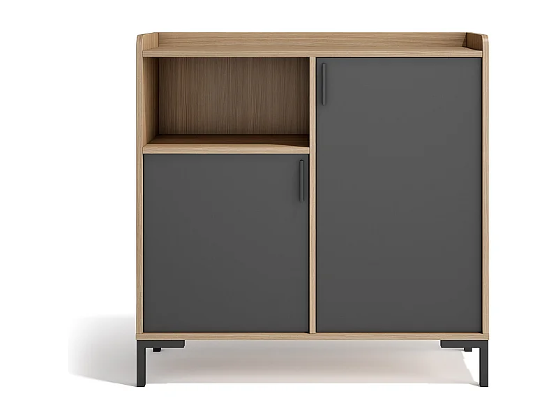 Buffet rangement - H88cm x L90cm x P33cm noyer clair portes graphite - Dover