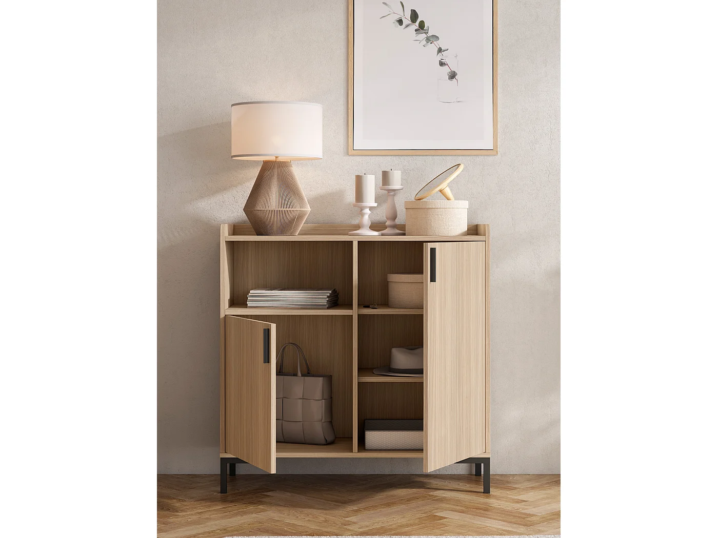 Buffet rangement - H88cm x L90cm x P33cm noyer clair - Dover
