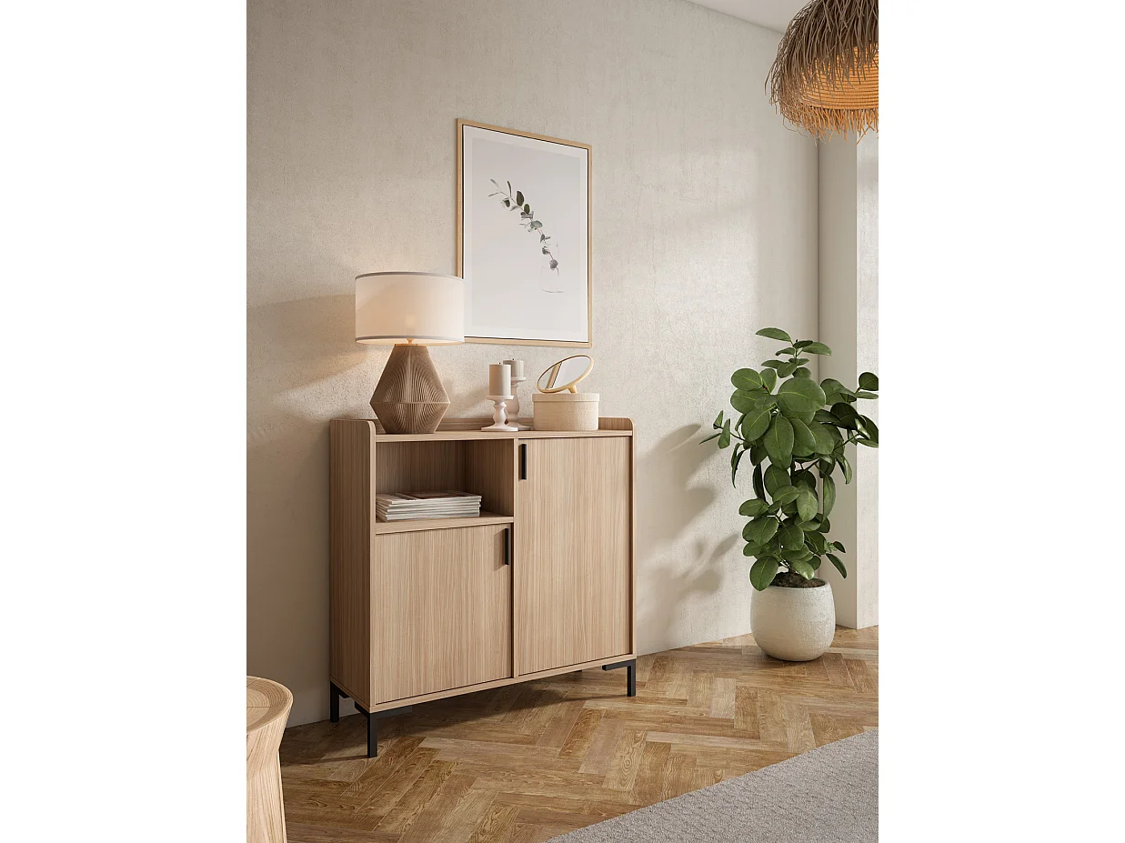 Buffet rangement - H88cm x L90cm x P33cm noyer clair - Dover