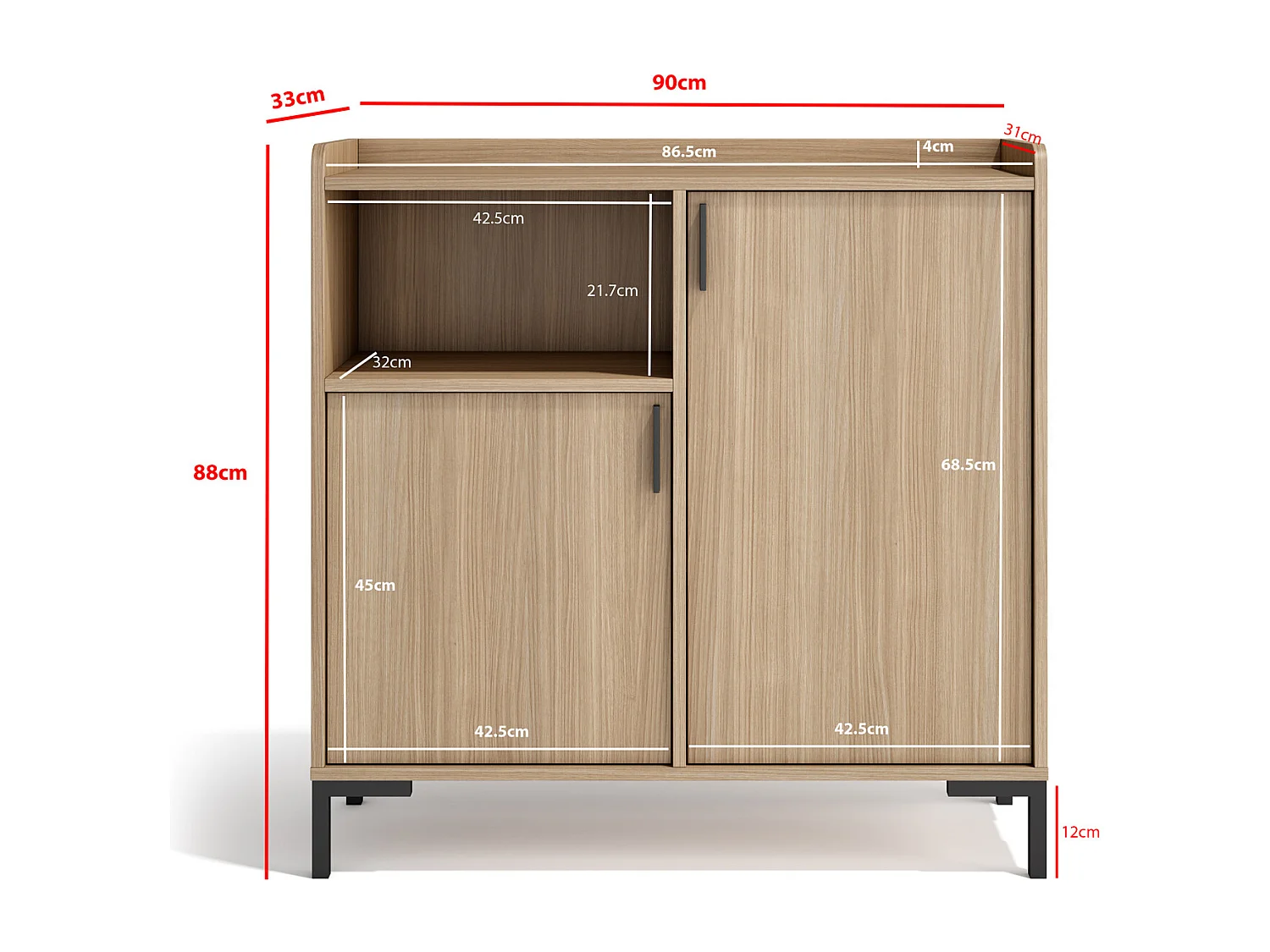 Buffet rangement - H88cm x L90cm x P33cm noyer clair - Dover