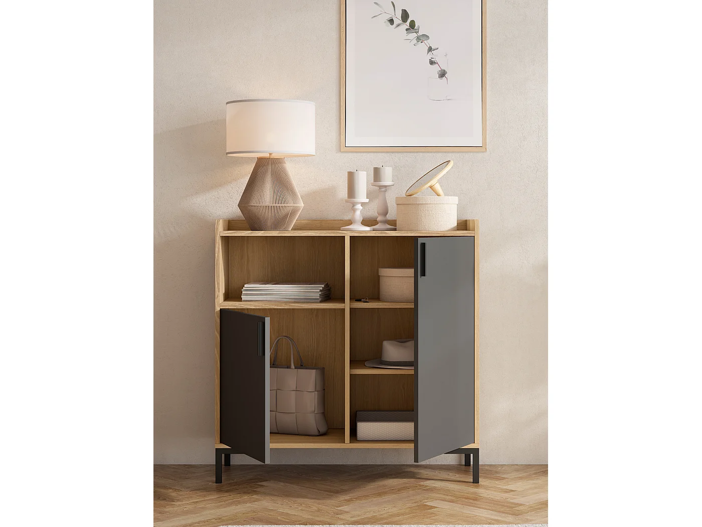 Aparador - A88cm x L90cm x P33cm carvalho dourado portas grafite - Dover