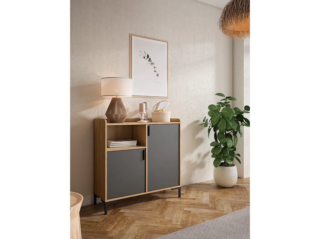 Aparador - A88cm x L90cm x P33cm carvalho dourado portas grafite - Dover