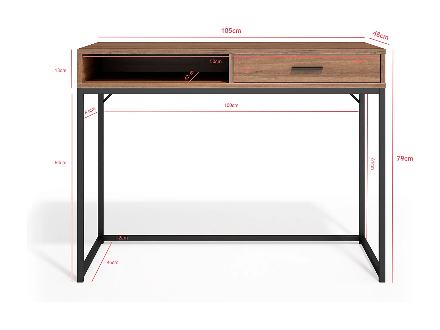 Bureau 1 tiroir - H79cm x L105cm x P48cm noyer - Canterbury