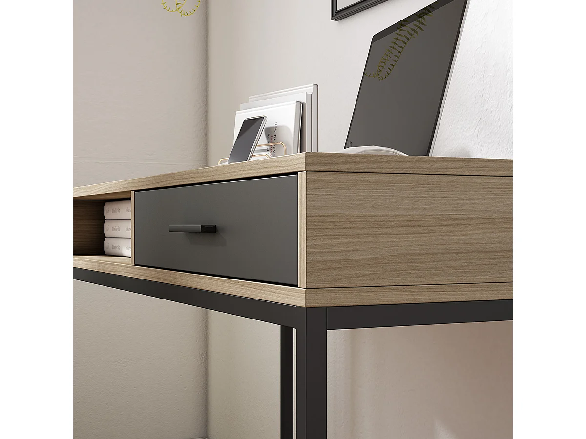 Bureau 1 tiroir - H79cm x L105cm x P48cm noyer clair tiroir graphite - Canterbury