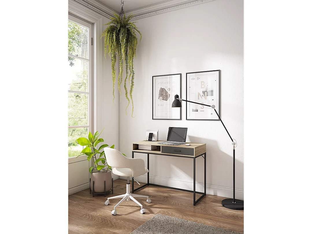 Bureau 1 tiroir - H79cm x L105cm x P48cm noyer clair tiroir graphite - Canterbury