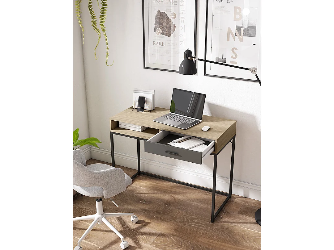 Bureau 1 tiroir - H79cm x L105cm x P48cm noyer clair tiroir graphite - Canterbury