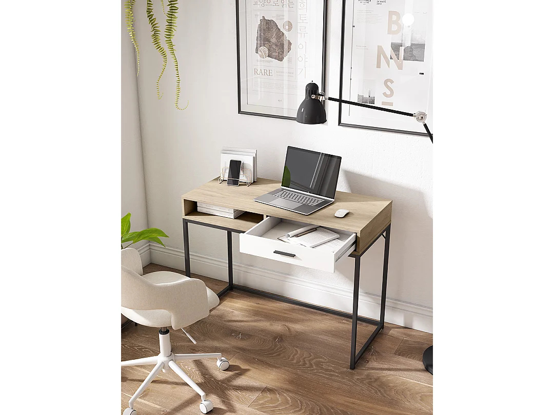 Escrivaninha 1 gaveta - A79cm x L105cm x P48cm carvalho claro gaveta branca - Canterbury