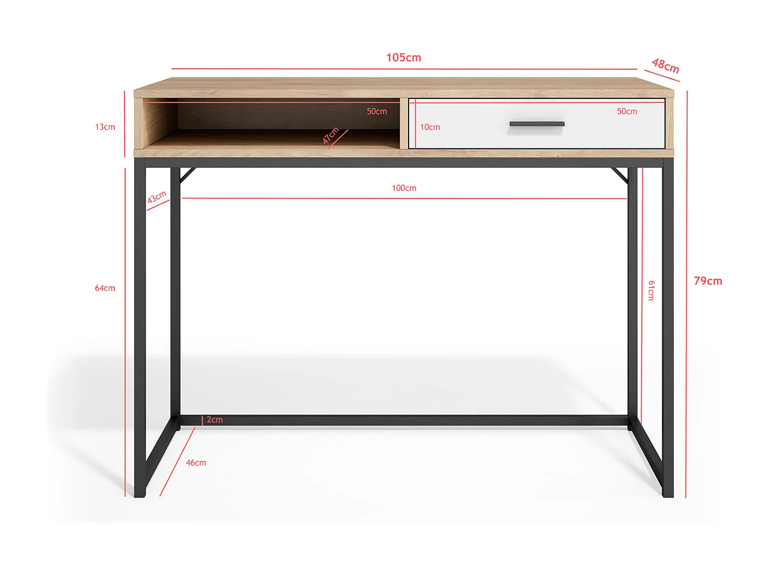 Escrivaninha 1 gaveta - A79cm x L105cm x P48cm carvalho claro gaveta branca - Canterbury