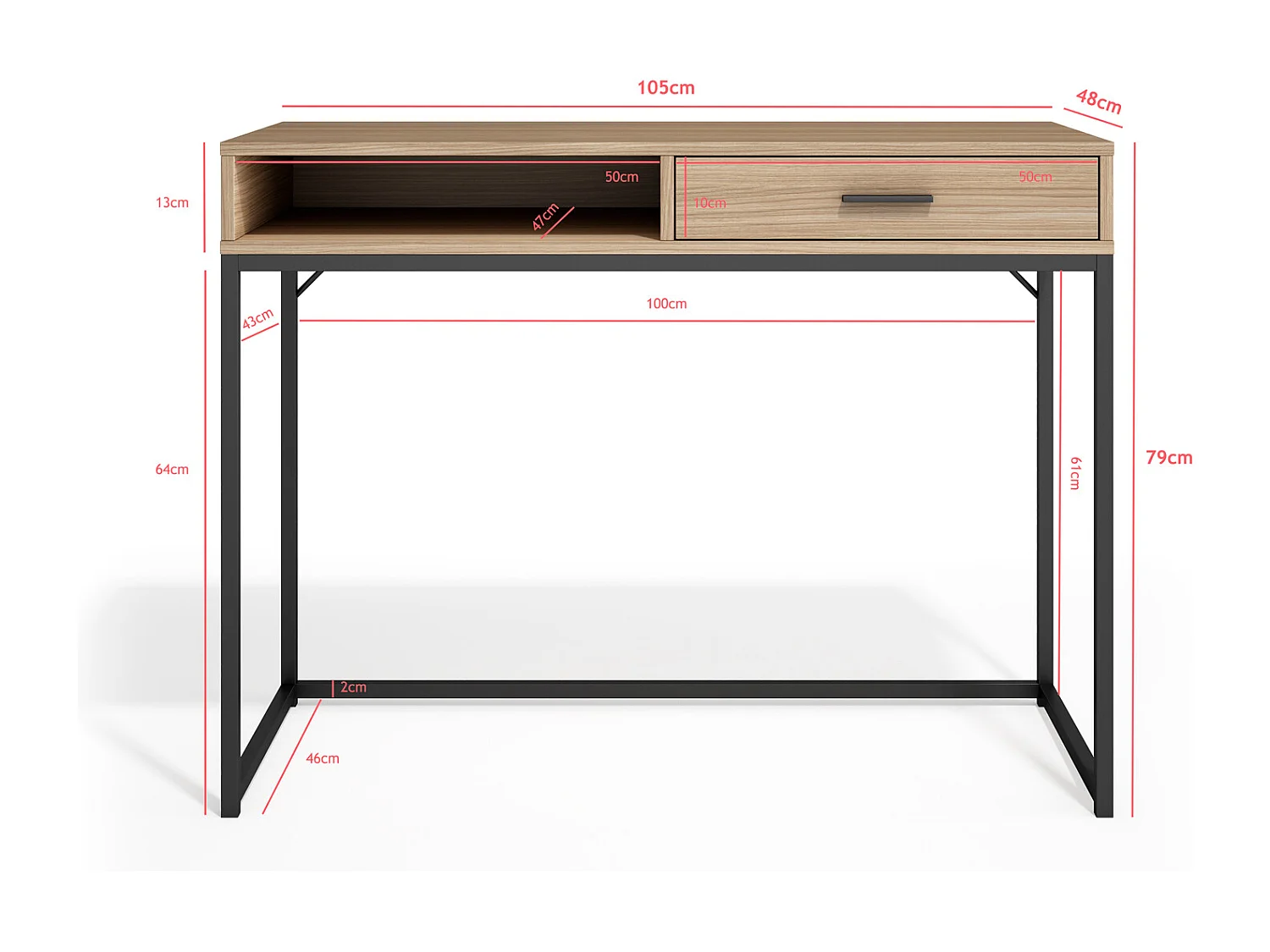 Bureau 1 tiroir - H79cm x L105cm x P48cm noyer clair - Canterbury