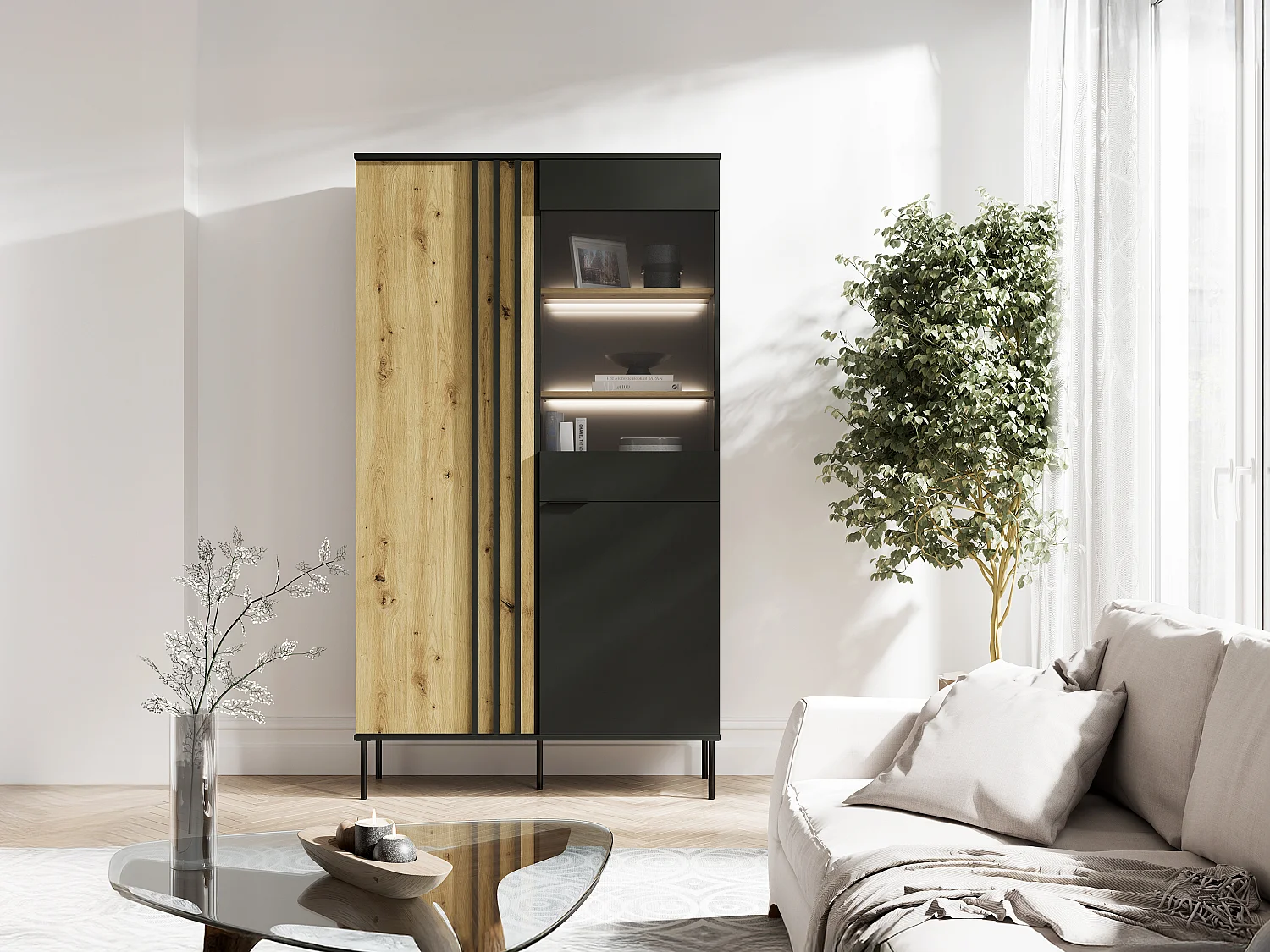 Vitrine 2 portes et 3 niches avec LEDs - Noir et naturel - TUNALO