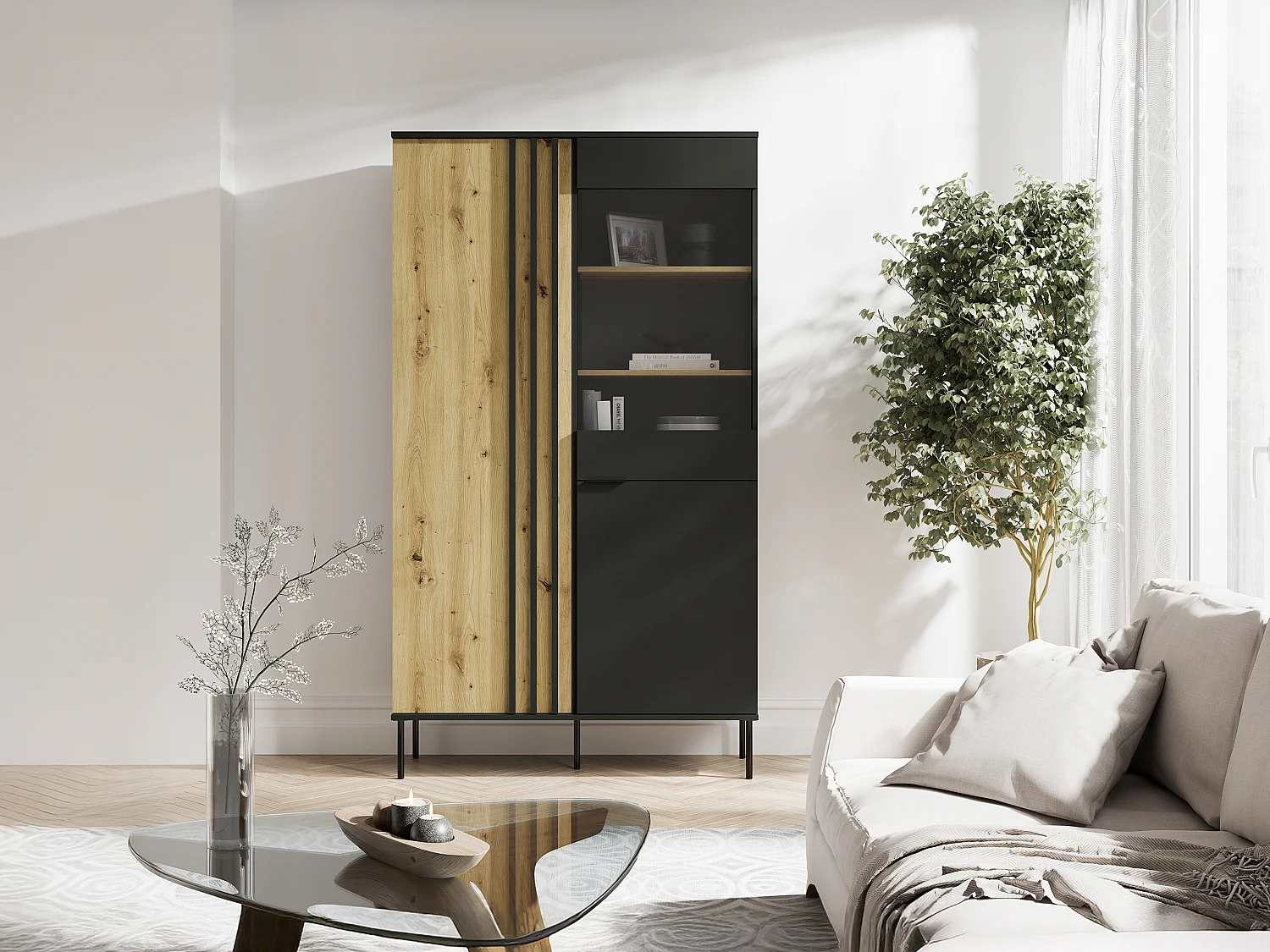 Vitrina 2 portas e 3 nichos com LEDs preto e natural - TUNALO