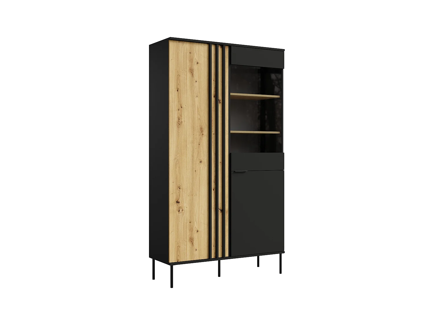 Vitrina de 2 puertas y 3 estantes con luces LED - Negro y natural - TUNALO