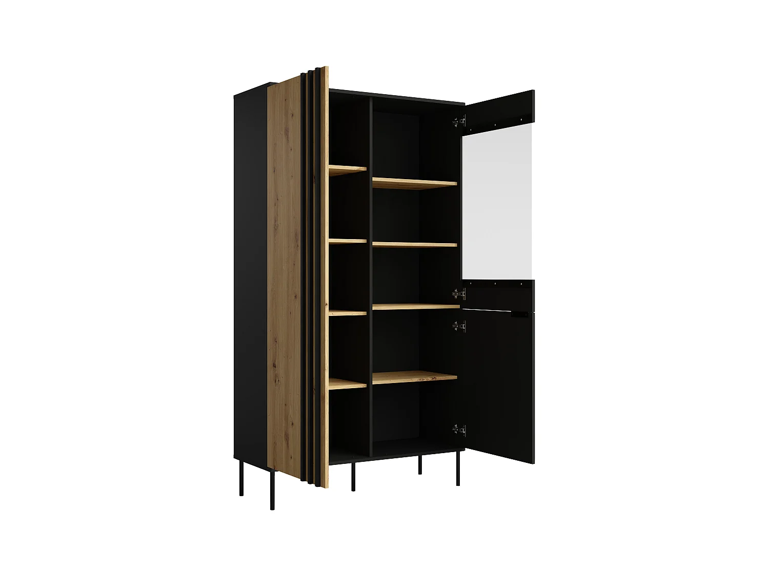 Vitrina de 2 puertas y 3 estantes con luces LED - Negro y natural - TUNALO