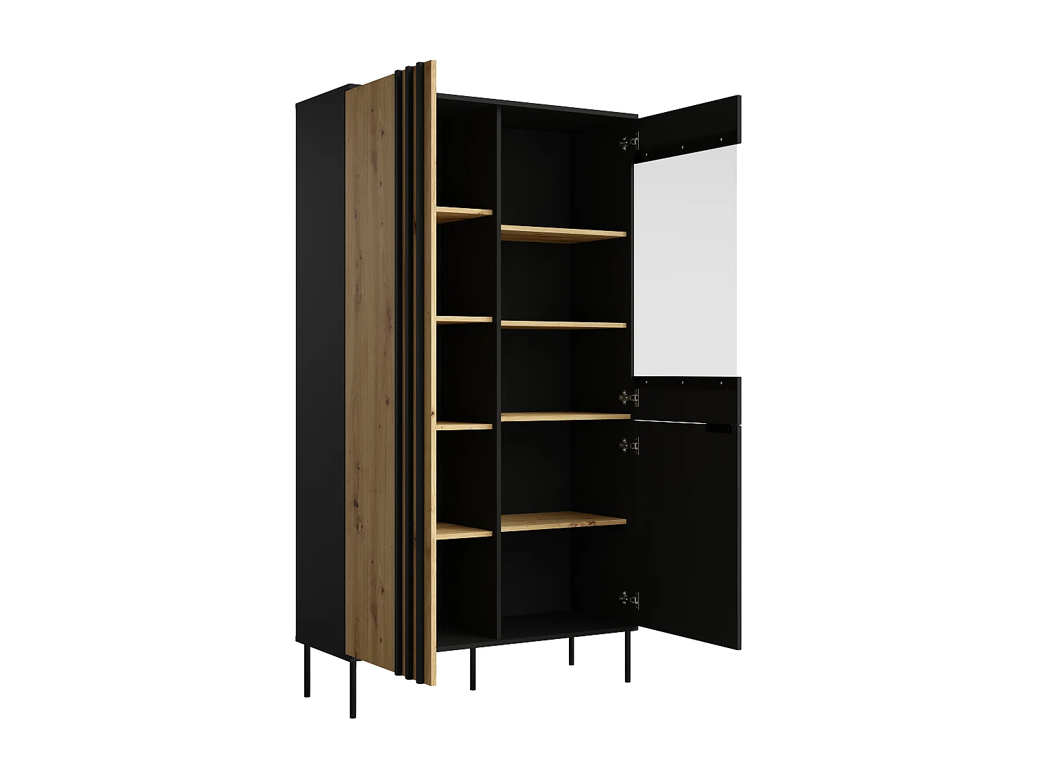 Vitrine 2 dörrar och 3 nischer med LEDs - Svart och naturell - TUNALO