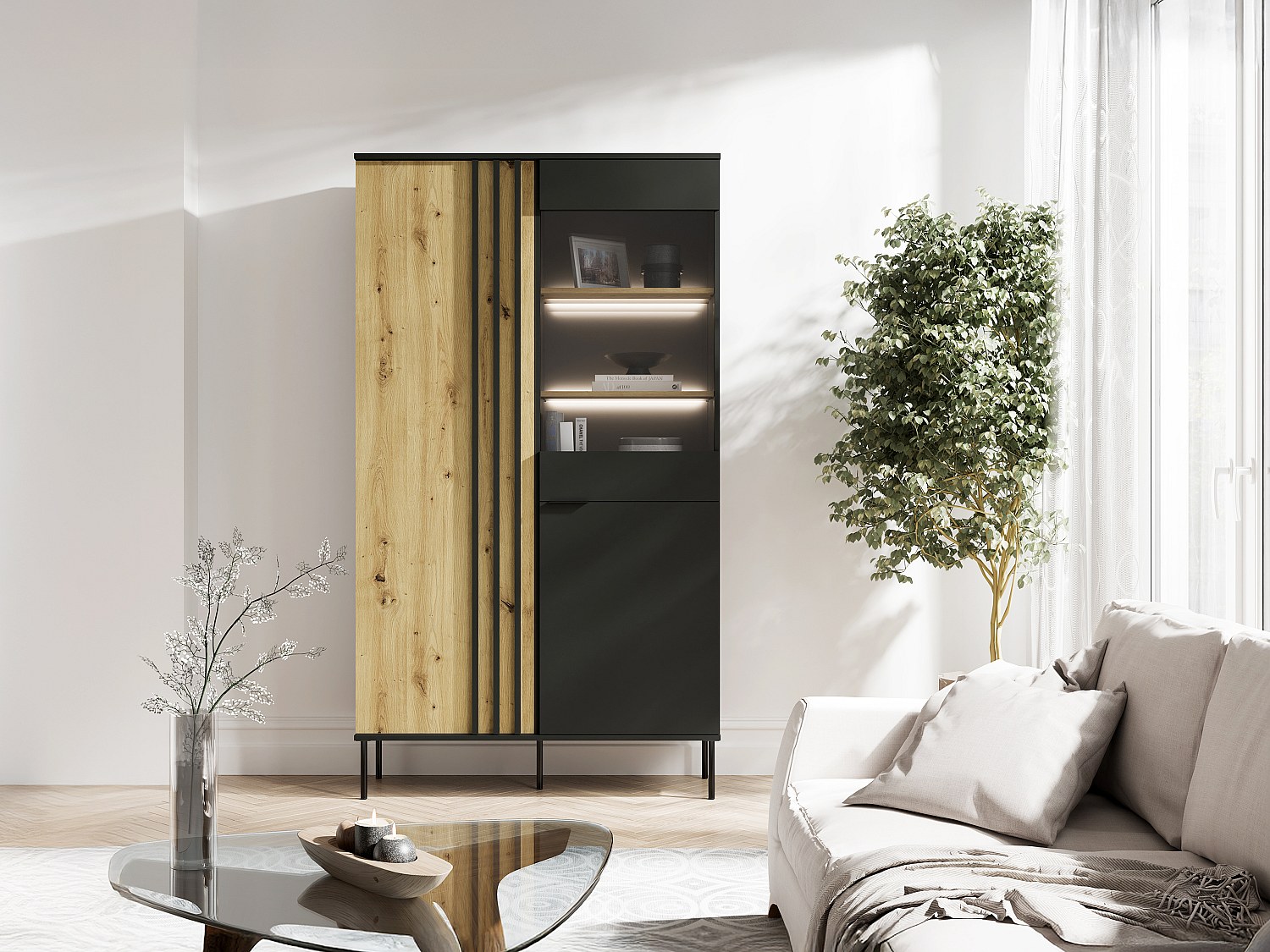 Vitrinenschrank mit 2 Türen & 3 Ablagefächern - Mit LED-Beleuchtung - Schwa günstig online kaufen