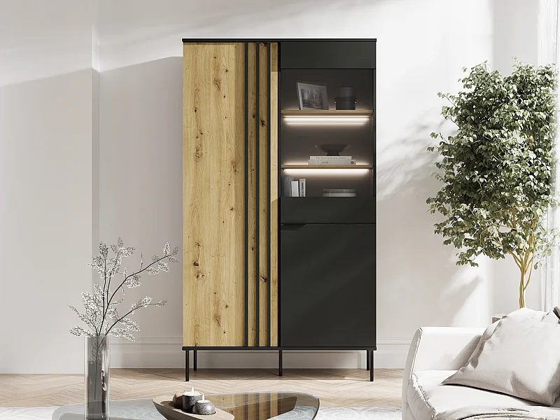 Vitrine 2 portes et 3 niches avec LEDs - Noir et naturel - TUNALO