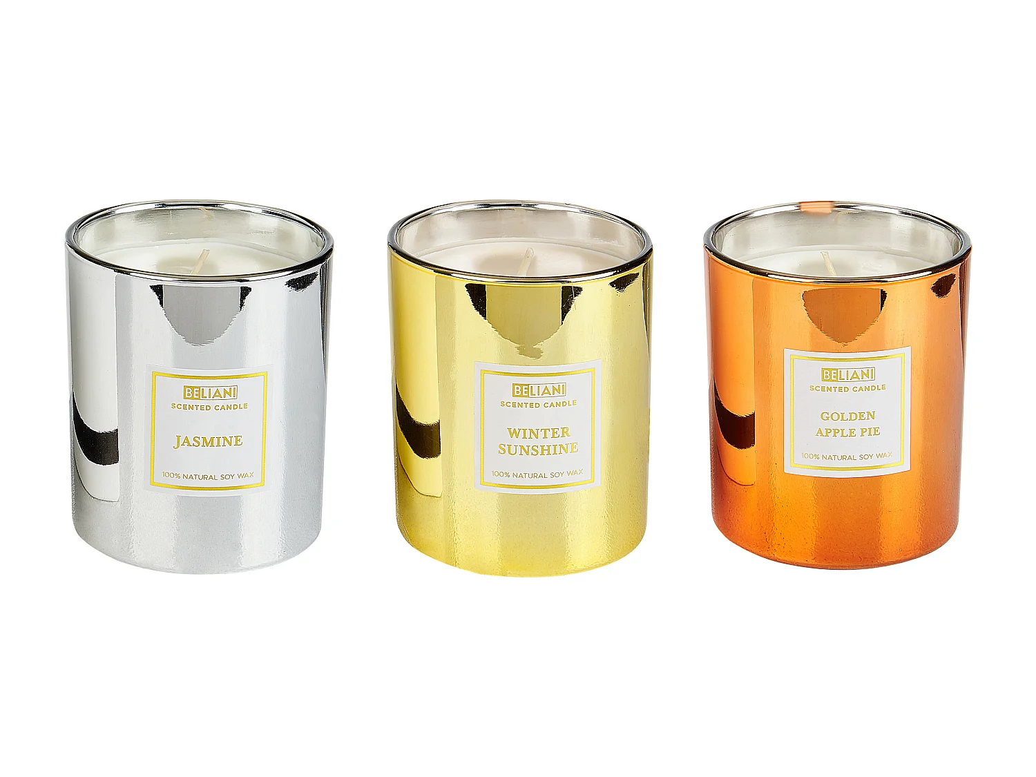 Conjunto de 3 velas aromáticas METALLIC GLAMOUR Cera de soja Notas dulces