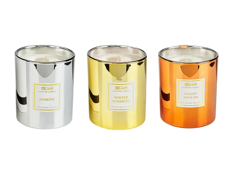Set di 3 Candele Profumate METALLIC GLAMOUR Cera di Soia Note dolci